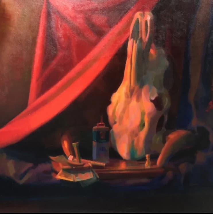 Still life painting: a glowing form against a red drape, objects gathered on the table below.